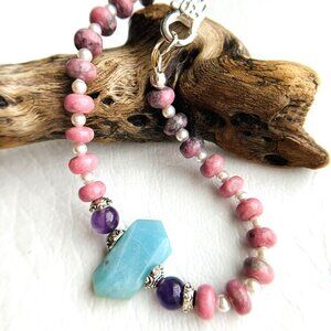 Women's dainty and delicate Rhodonite and Amazonite gemstone bracelet
